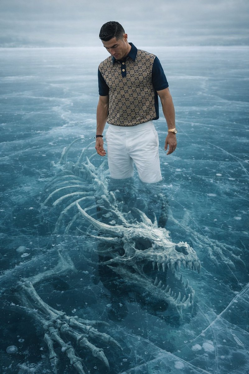 8K Ultra-Realistic Promotional Image of a Man on Ice with a Submerged Skeleton — Nano Banana Pro AI Generated Image