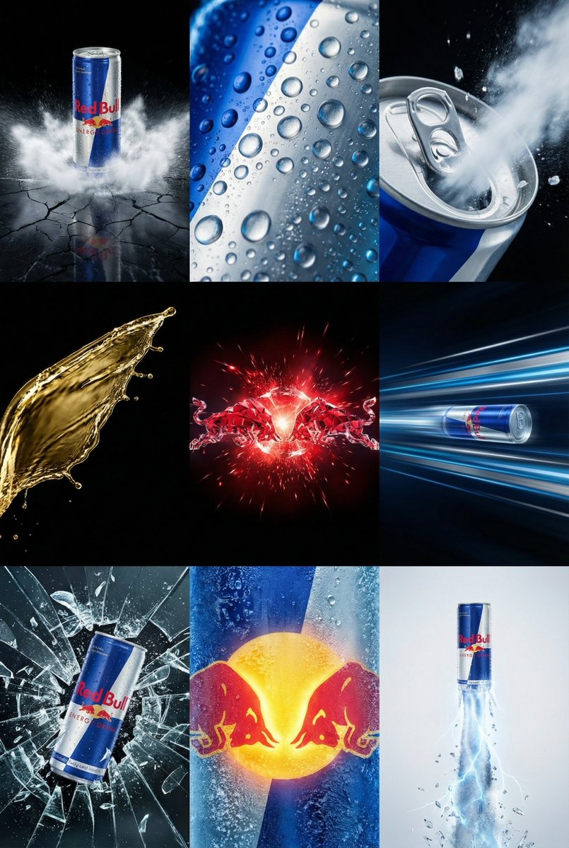 Red Bull Commercial Grid Collage Prompt (JSON) — Nano Banana Pro AI Generated Image