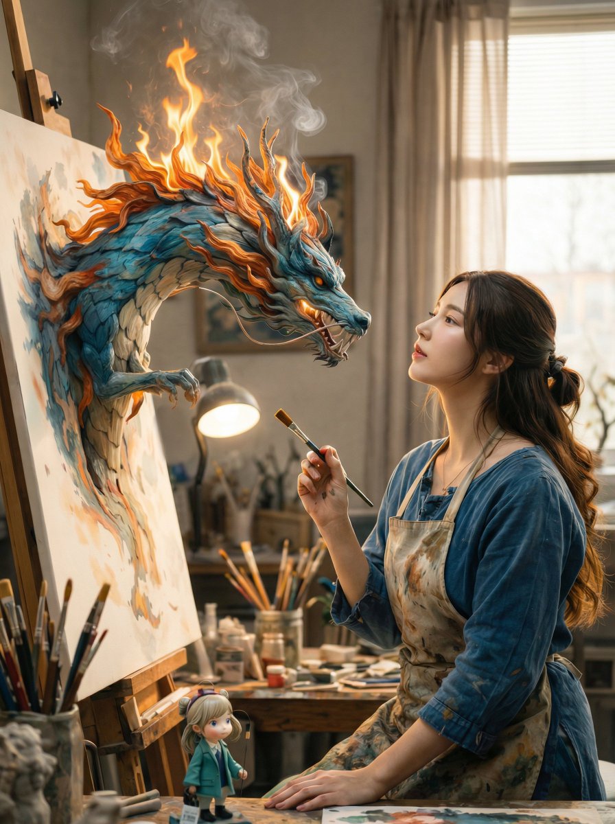 Magical Realism: Dragon Emerging from Canvas — Nano Banana Pro AI Generated Image