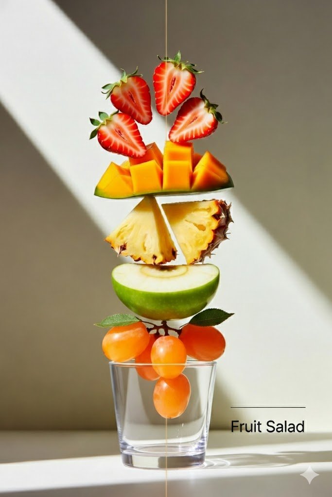 Cinematic Exploded Vertical Fruit Salad — Nano Banana Pro AI Generated Image