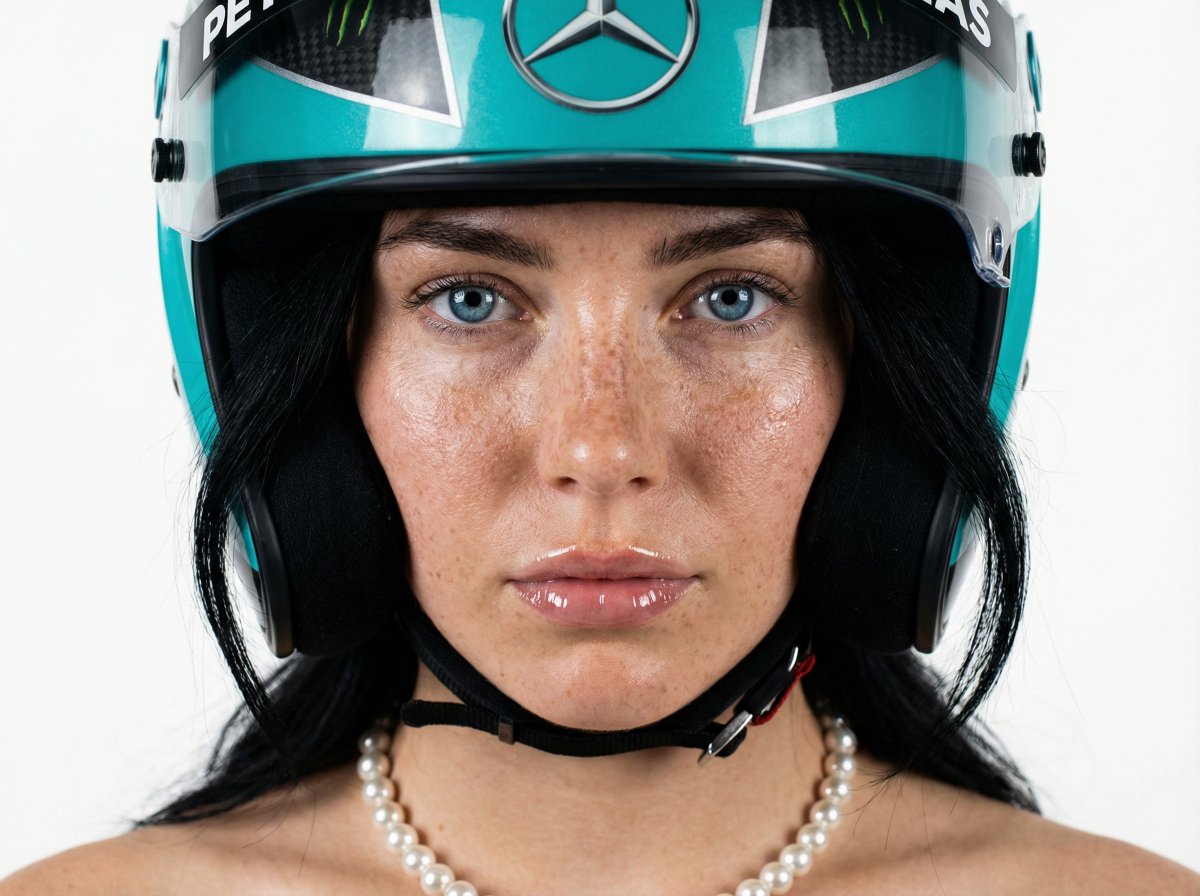 F1 Heiress Editorial Portrait with Racing Helmet and Pearls — Nano Banana Pro AI Generated Image