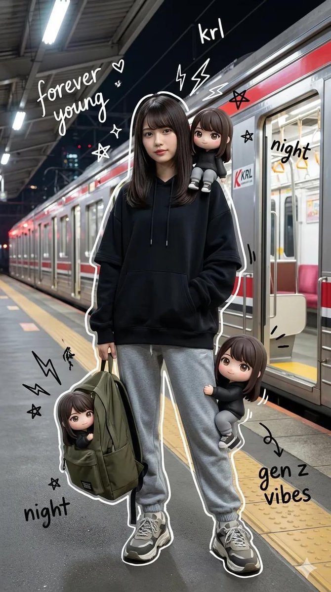 Mixed-Media Portrait with Chibi Overlays at Night Train Station — Nano Banana Pro AI Generated Image