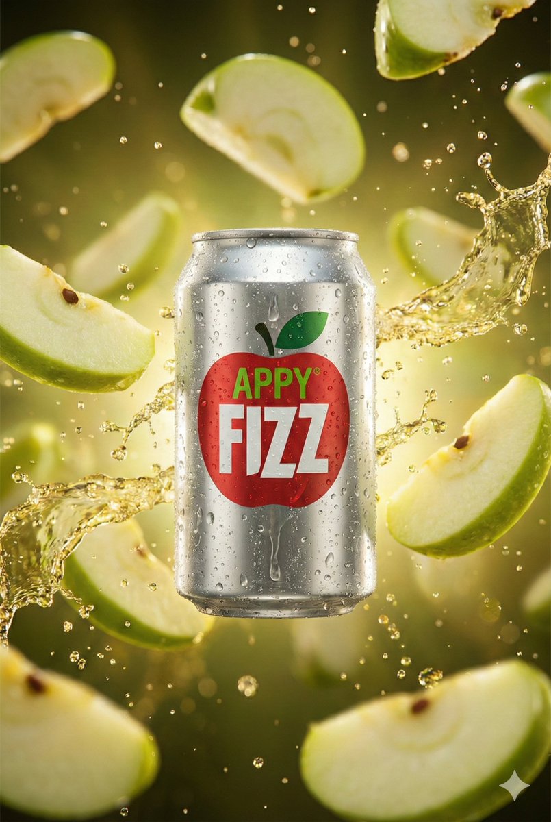 Hyper-realistic cinematic product shot of Appy Fizz can with exploding apple slices — Nano Banana Pro AI Generated Image