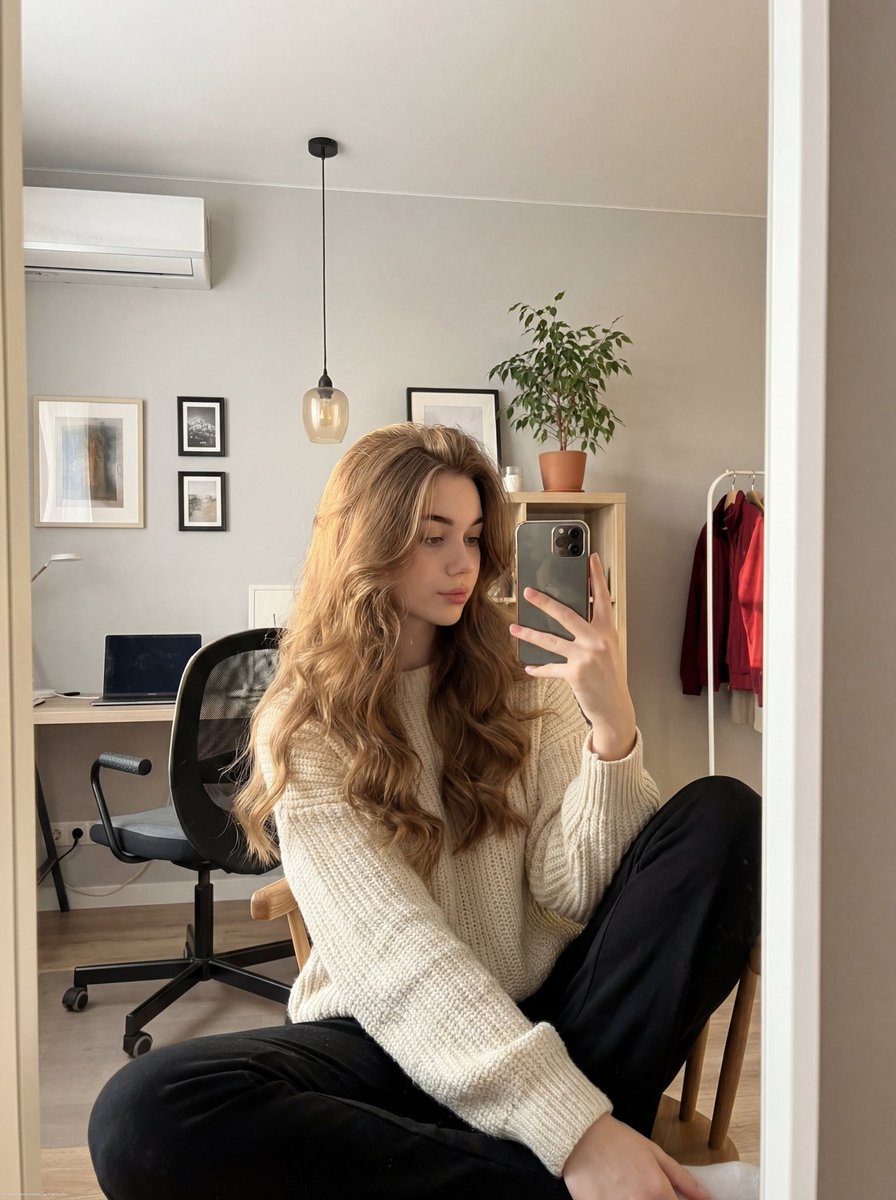 Realistic mirror selfie of a young woman in a cozy cream sweater — Nano Banana Pro AI Generated Image