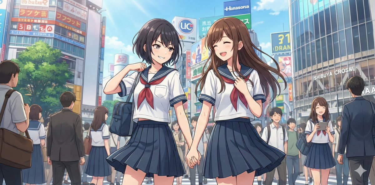 NanoBananaPro Image Generation Prompt: Two High School Girls in Shibuya — Nano Banana Pro AI Generated Image