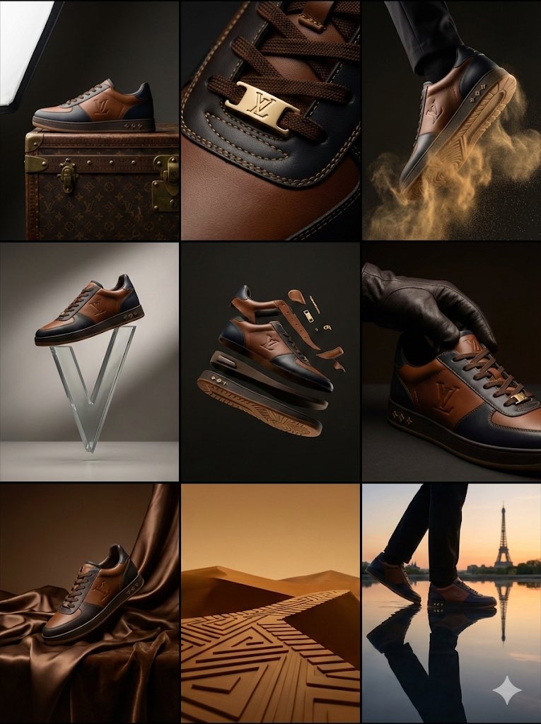 Louis Vuitton Sneaker Editorial Grid (9-Panel Concept) — Nano Banana Pro AI Generated Image