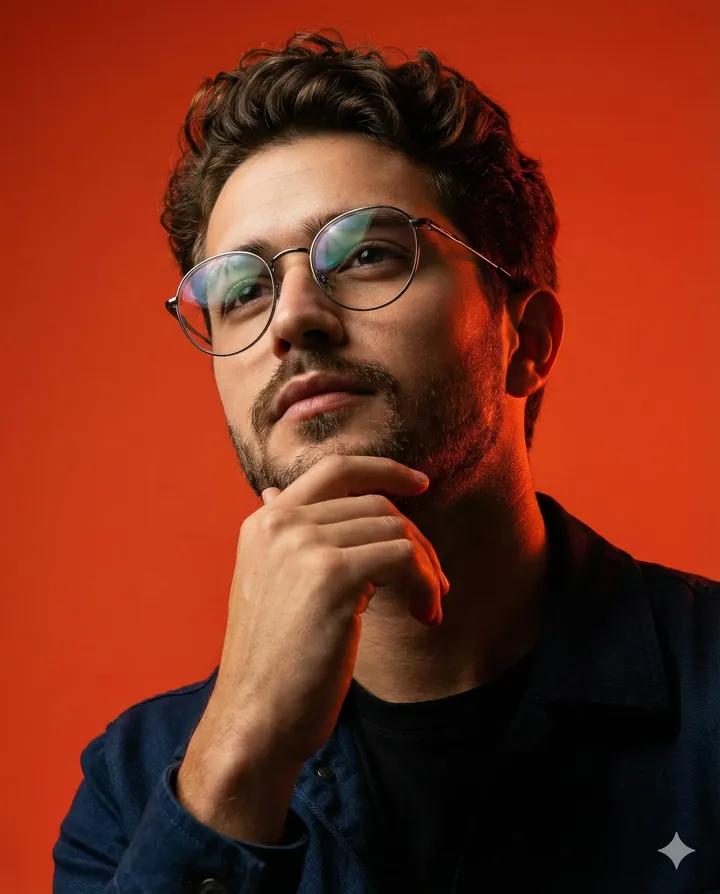 Dynamic Low-Angle Portrait with Orange-Red Background — Nano Banana Pro AI Generated Image