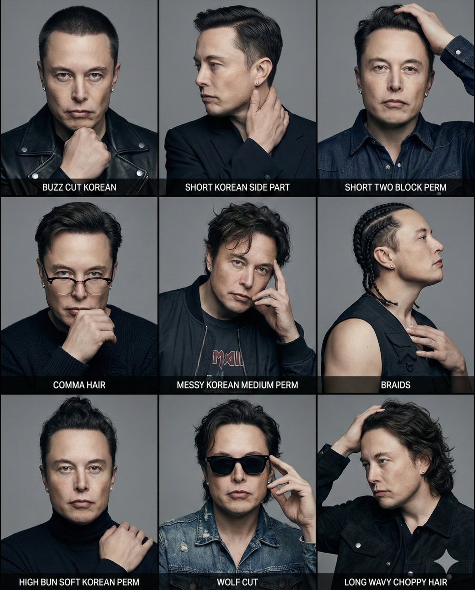 Elon Musk K-Pop Bad Boy Hairstyle Reference Poster — Nano Banana Pro AI Generated Image