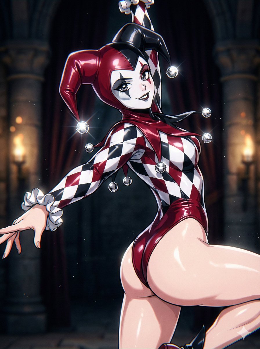 Flash-Lit Jester-Girl Editorial Anime — Nano Banana Pro AI Generated Image