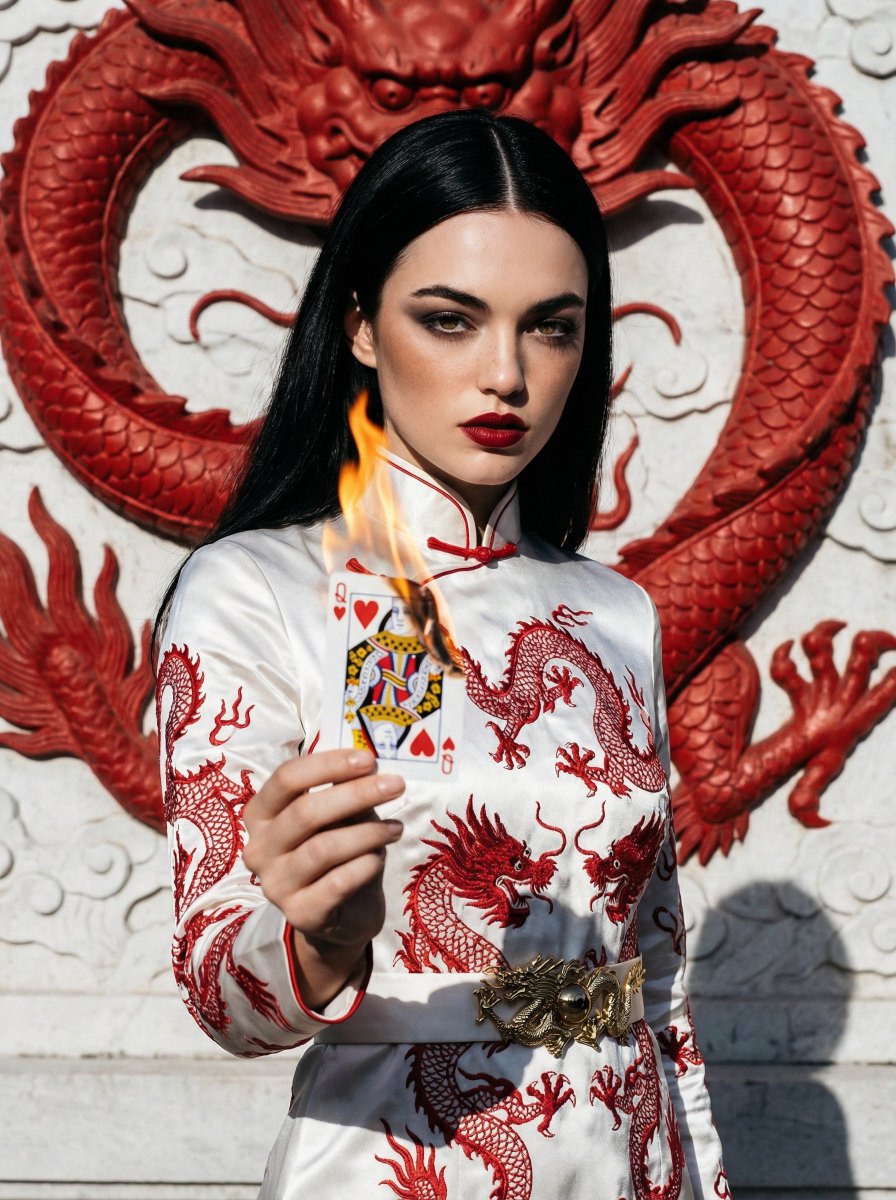Fashion Portrait with Chinese Dragon Qipao — Nano Banana Pro AI Generated Image