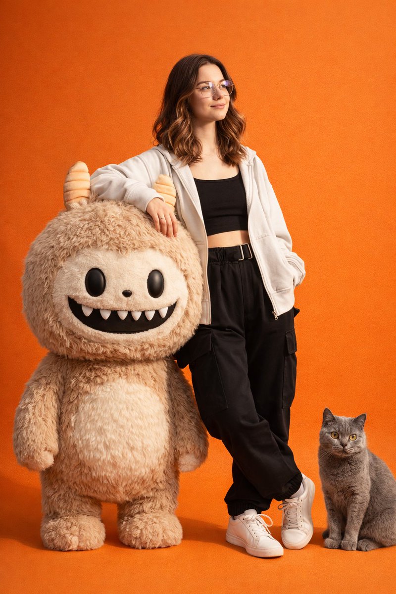 Gen-Z Fashion Portrait with Labubu and Cat Prompt — Nano Banana Pro AI Generated Image