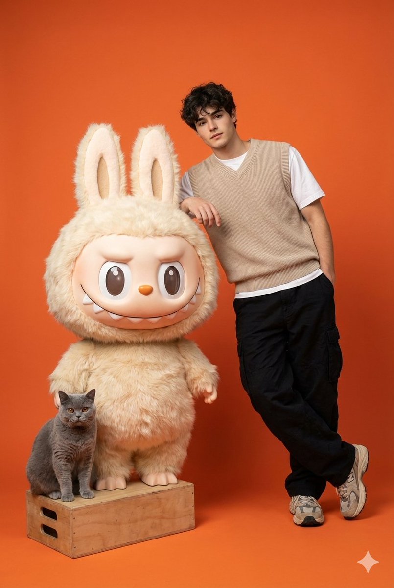 Gen-Z Streetwear Model with Labubu and British Shorthair — Nano Banana Pro AI Generated Image