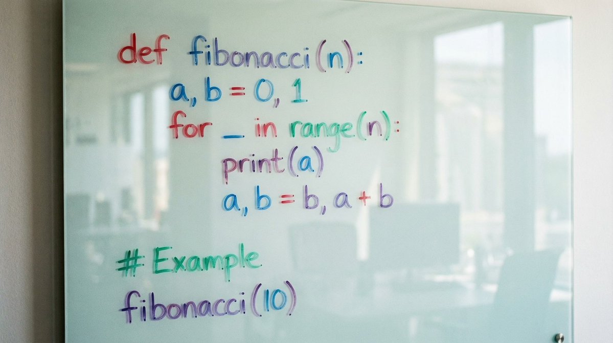 Python Fibonacci code on glass whiteboard — Nano Banana Pro AI Generated Image