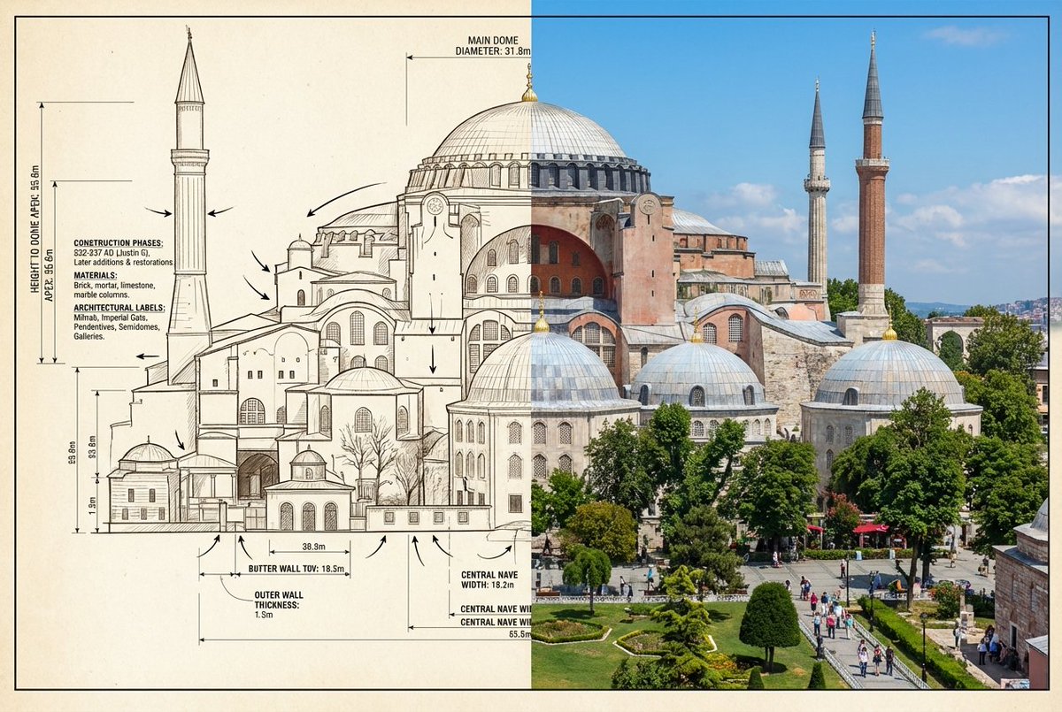 Side-by-Side Architectural Comparison of Hagia Sophia — Nano Banana Pro AI Generated Image