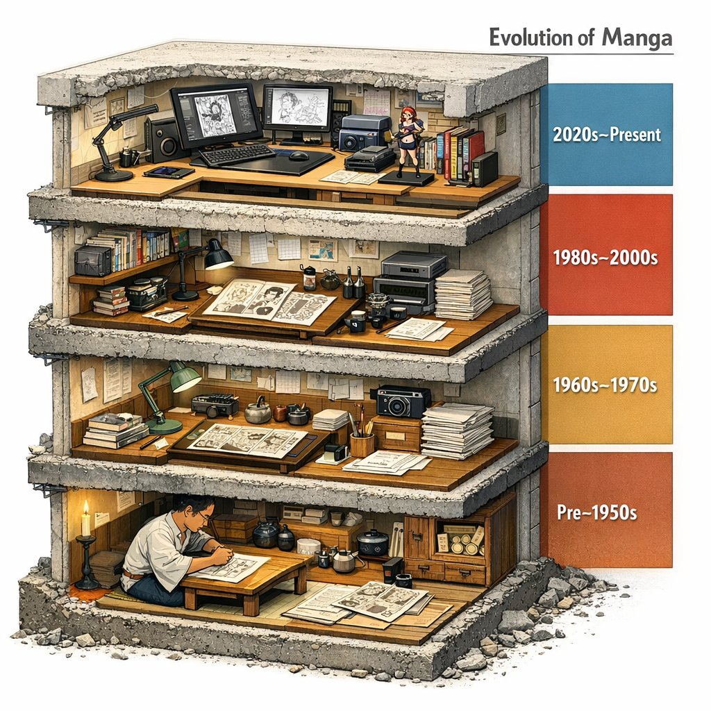 Manga Evolution Architectural Section Prompt — Nano Banana Pro AI Generated Image