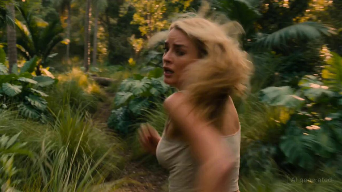 Cinematic Scene: Woman Running from a Lion in the Tropics