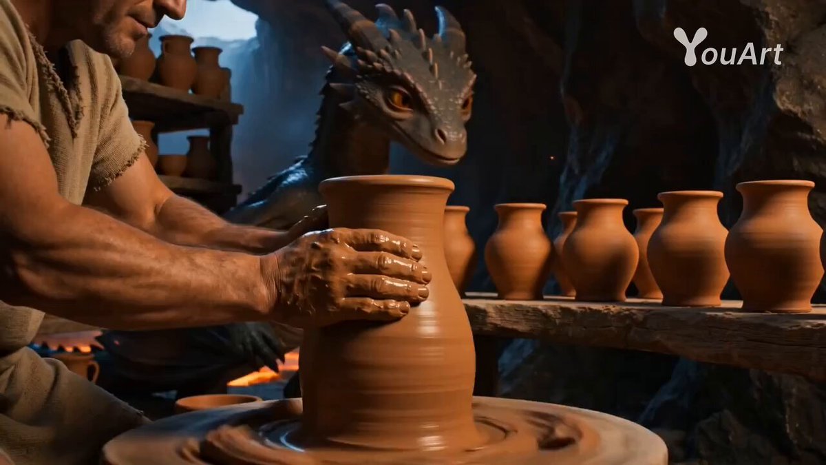 Cinematic Baby Dragon and Potter in Volcanic Cave