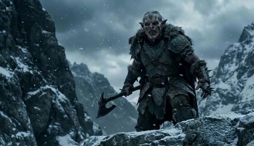 Goblin traveller and steed in the mountains