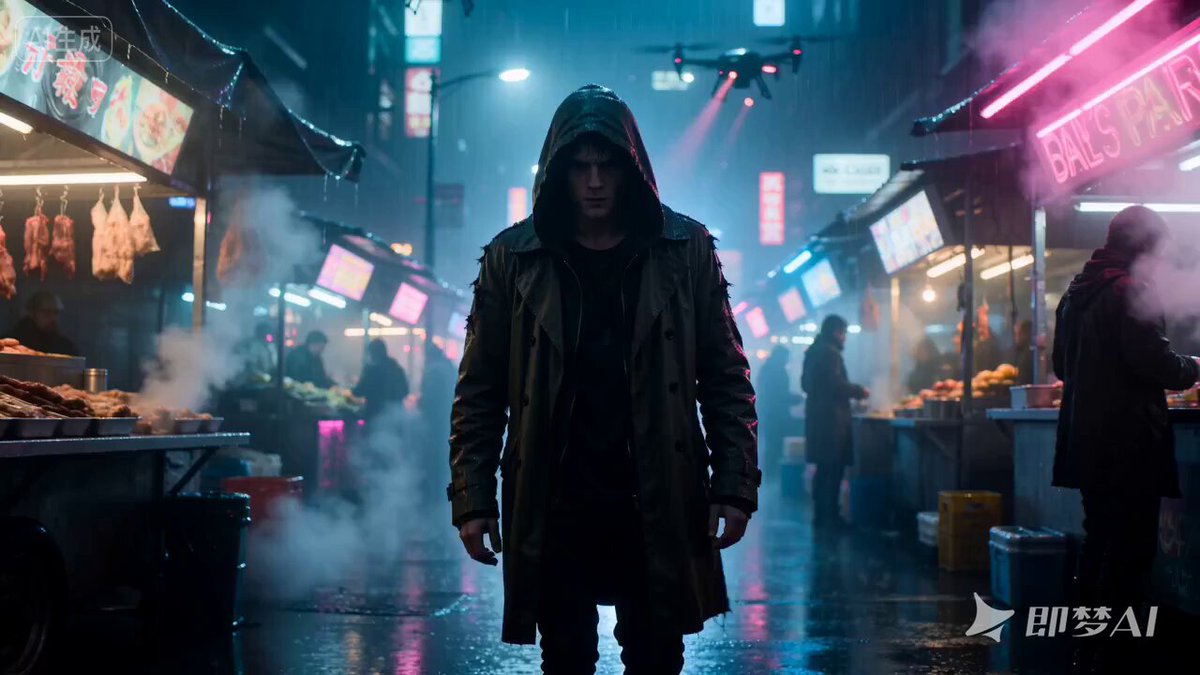 Cyberpunk Hacker in Rain Night Scene