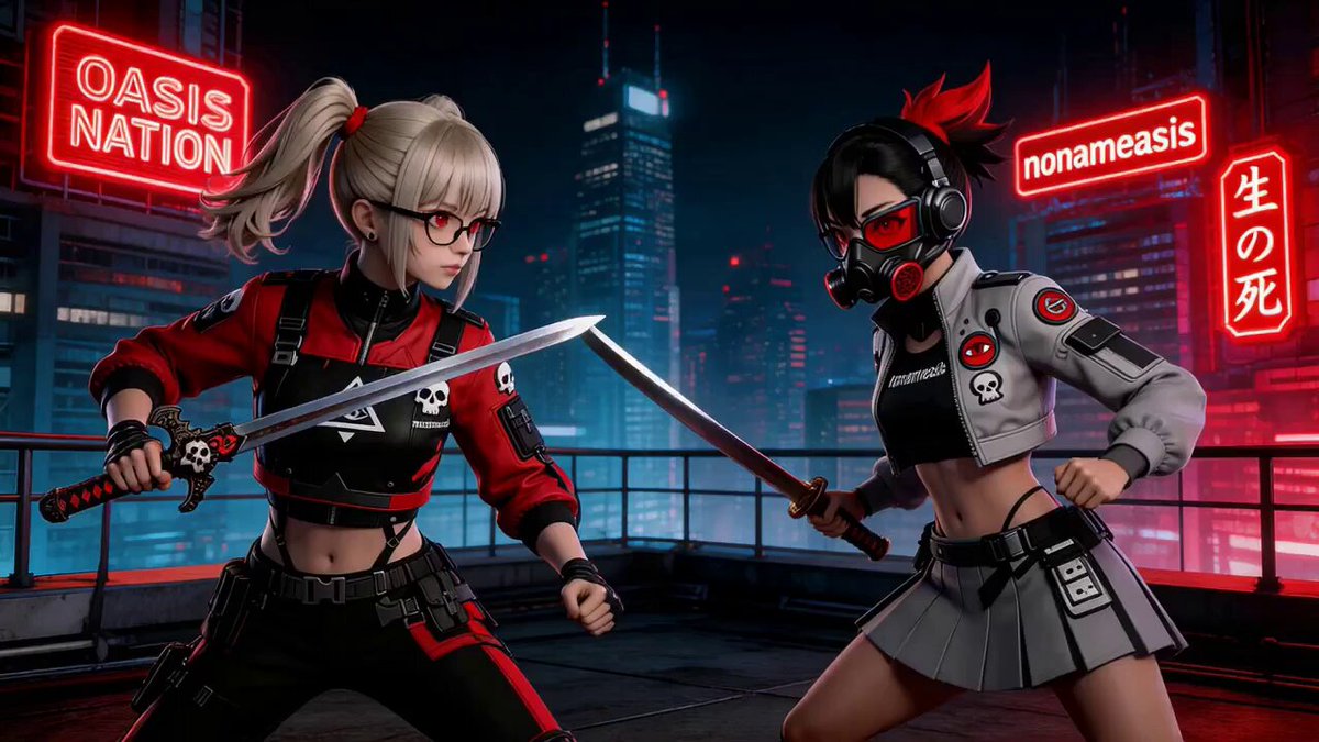 Dynamic Sword Fight on a Neon-Lit Rooftop